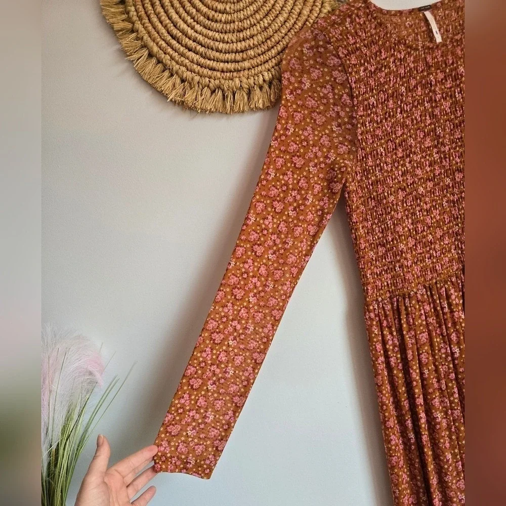 Free People Hello and Goodbye Orange Floral Mesh Smocked Midi Dress SZ Small